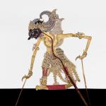 Shadow puppet wayang kulit of Gatotkaca, a character from the Mahabharata. Java, Yogyakarta, Sultan’s court, made 1913. Water buffalo hide, buffalo horn, pigments, gold leaf, cotton. The Dr. Walter Angst and Sir Henry Angest Collection, Yale University Art Gallery.